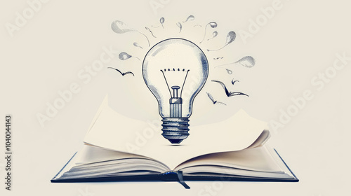 A creative illustration showing an open book with a light bulb above it, symbolizing ideas and inspiration.