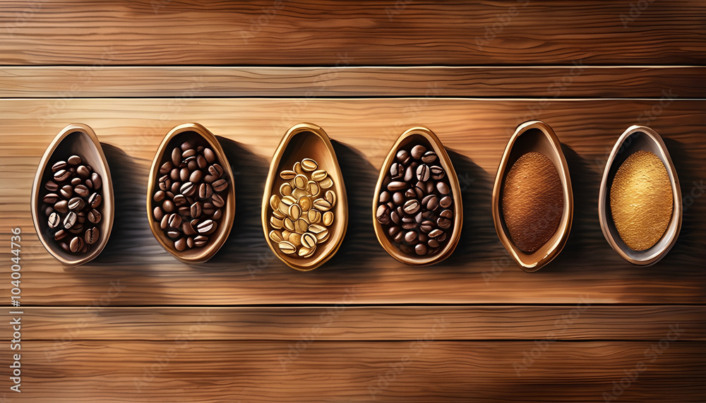 Watercolor painting of coffee beans arranged on a light wood background. Watercolor painting of coffee beans arranged on a light wood background.