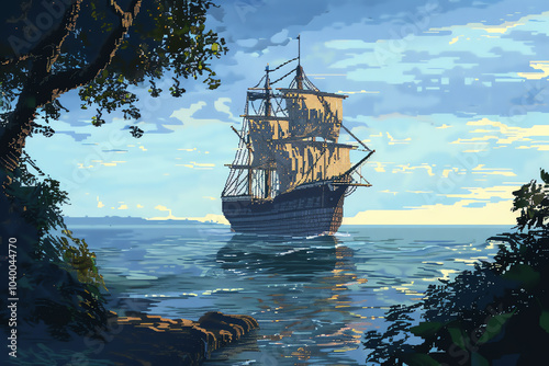 Employ pixel art to create a panoramic view of a maritime adventure in a minimalist style Play with unexpected camera angles to give a fresh and dynamic twist to the digital rendering, enticing the vi