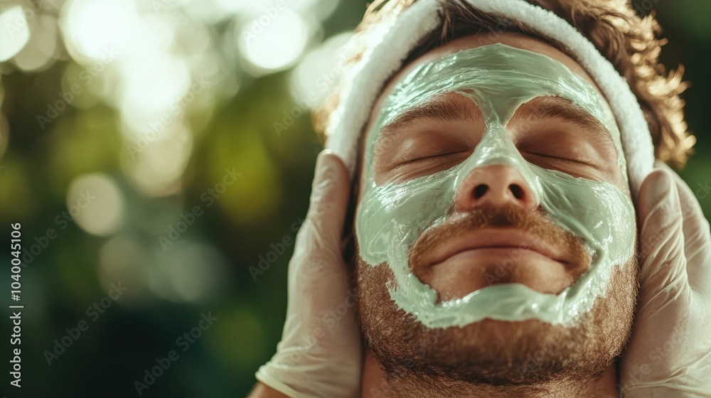 A man receiving a luxurious spa treatment, with a soft green face mask and headband, symbolizing tranquility and self-care in a serene environment.