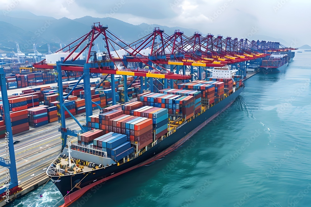 Fototapeta premium Aerial View of a Busy Container Port with Cargo Ship and Cranes