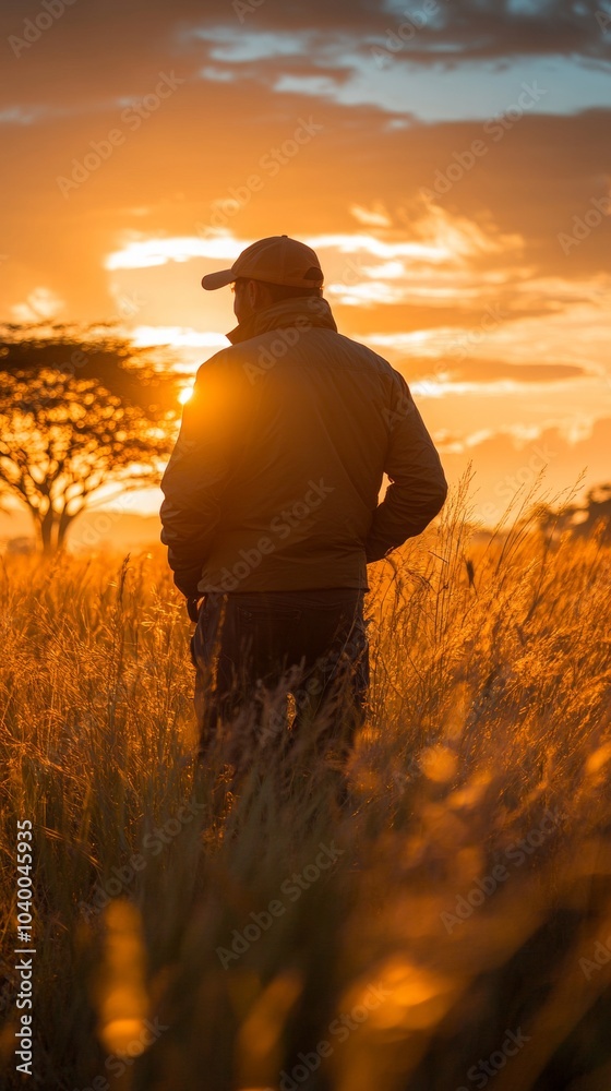Fototapeta premium Wildlife Enthusiast at Dusk, capturing the essence of nature as golden sunlight fades, surrounded by vibrant landscapes and serene wildlife.