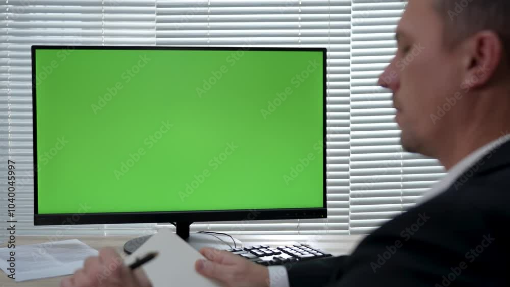 Businessman working on computer monitor with green screen. Man making notes and using PC display with green screen, rear view Businessman working on computer monitor with green screen. Man making notes and using PC display with green screen, rear view
