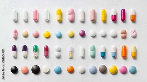 An array of colorful pills in different shapes and sizes laid out in a neat row photo