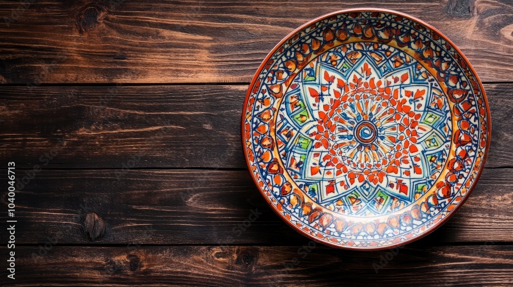 Traditional Moroccan Plate on Wooden Surface Traditional Moroccan Plate on Wooden Surface