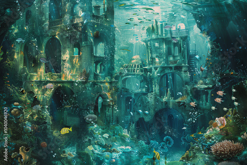 Illustrate the secret agents exploration of the underwater scene with a traditional watercolor medium, focusing on dreamlike elements and unexpected perspectives to convey a sense of wonder and discov