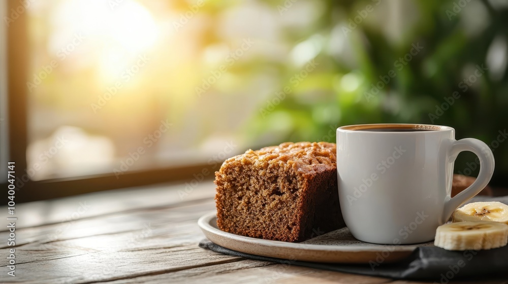 A warmly lit room with a piece of banana bread and a mug of dark coffee on a wooden surface, embodying a peaceful and relaxed morning environment. A warmly lit room with a piece of banana bread and a mug of dark coffee on a wooden surface, embodying a peaceful and relaxed morning environment.