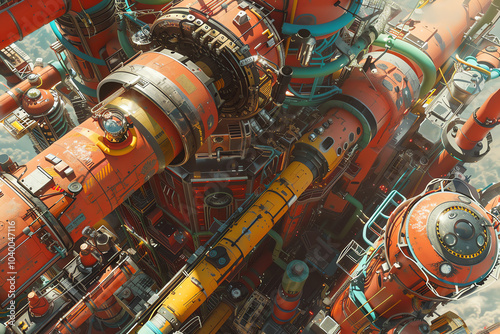 Imagine a Surrealist Robotics world from above, showcasing a dynamic clash of industrial parts and dreamlike aesthetics Utilize digital rendering techniques to bring this vision to life, with an empha photo