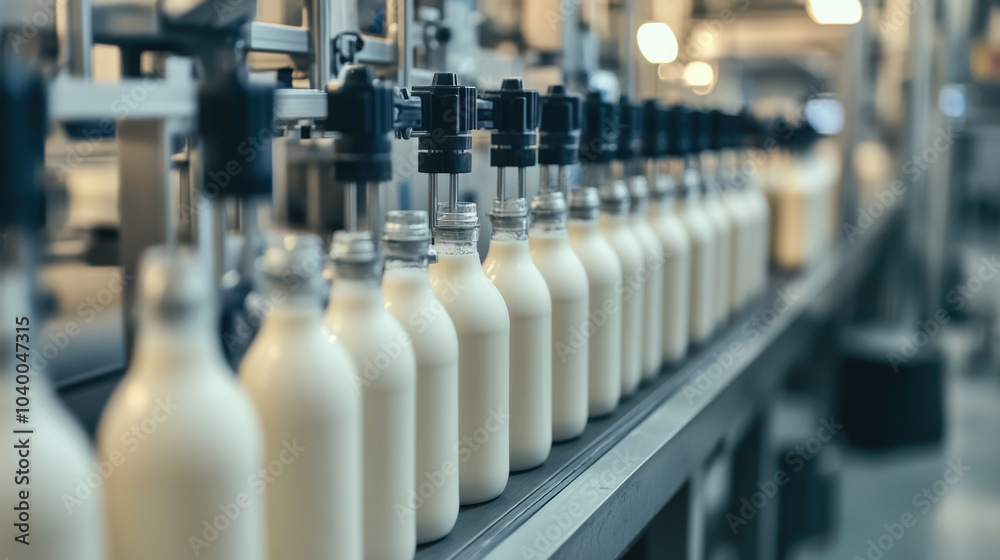 Milk factory. Robotic factory line for processing and bottling of milk Milk factory. Robotic factory line for processing and bottling of milk
