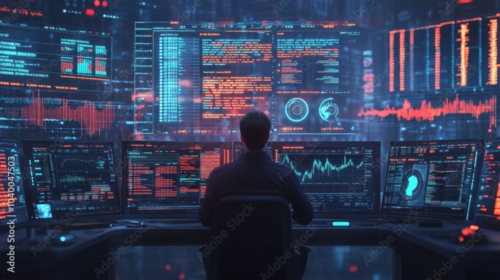 Market Analyst Engaged in Data Review, Surrounded by Reports and Dashboards Showcasing Key Market Trends and Insights Market Analyst Engaged in Data Review, Surrounded by Reports and Dashboards Showcasing Key Market Trends and Insights