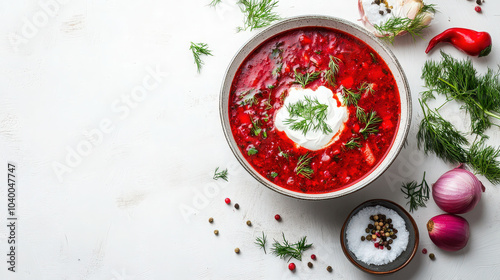 Bowl of borscht with sour cream