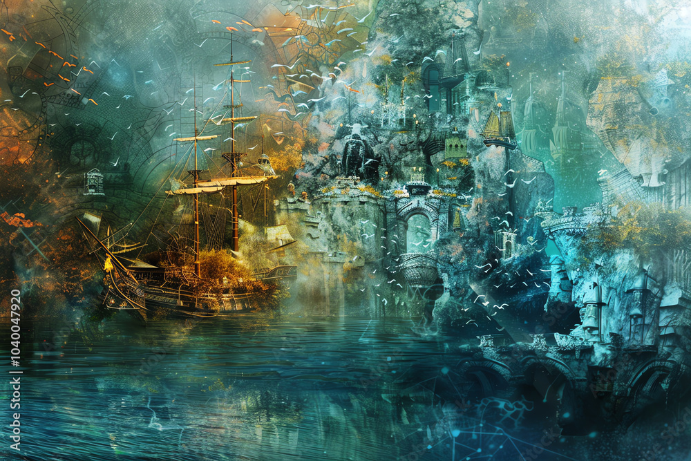 Transform abstract street art into a mystical journey on the high seas utilizing photorealistic digital rendering techniques