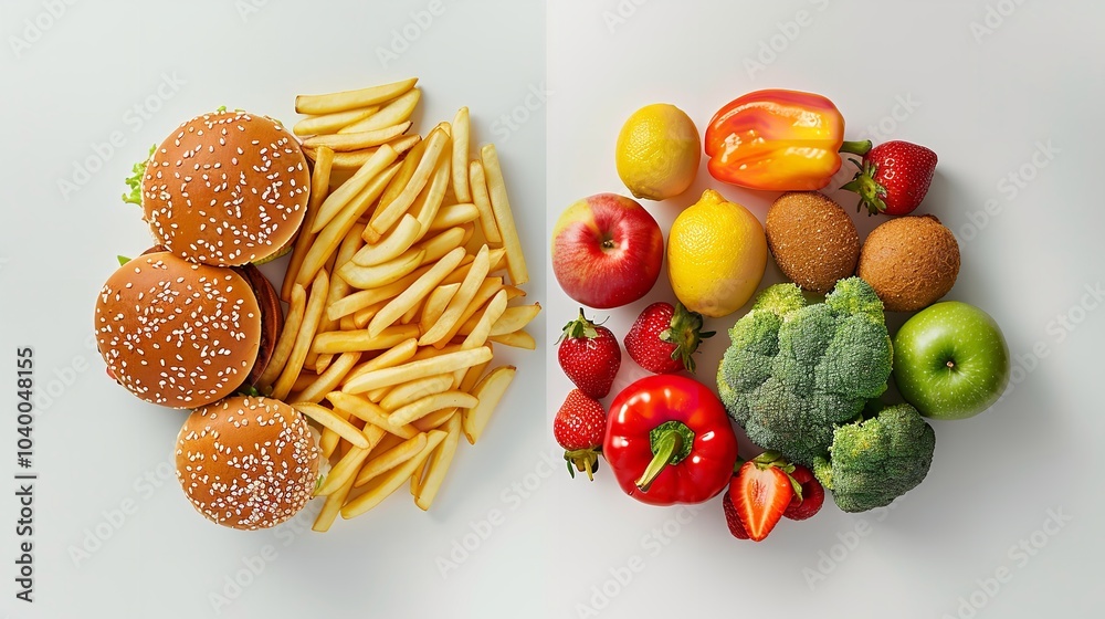 A close-up of fast food and fruits displayed against a stark white background to illustrate the idea of comparing different foods and provide space for text, Generative AI. A close-up of fast food and fruits displayed against a stark white background to illustrate the idea of comparing different foods and provide space for text, Generative AI.