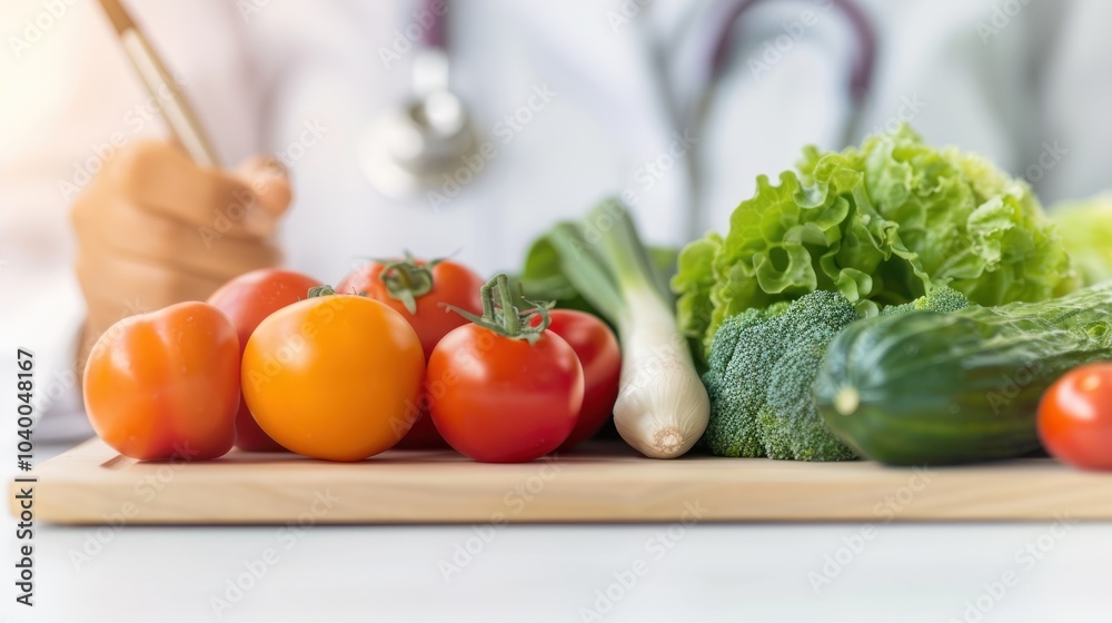 A fresh assortment of vegetables on a cutting board, with a person in a white coat, suggesting a focus on healthy eating and nutrition.