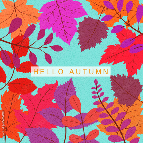 Hello autumn background, with abstract autumn leaves, templates for placards, banners, flyers, presentations, reports, sales, header, cover, social media, fashion ads, decor.