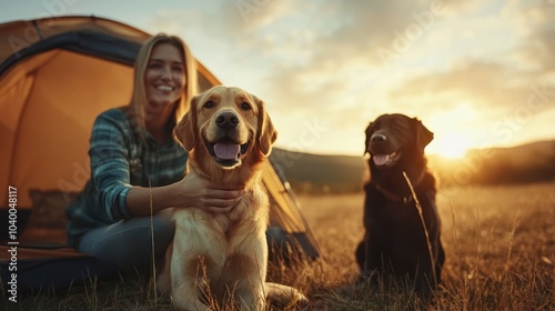 A joyful woman enjoys a camping adventure with her two dogs outside a tent at sunset, creating a heartwarming scene of companionship and outdoor beauty. photo