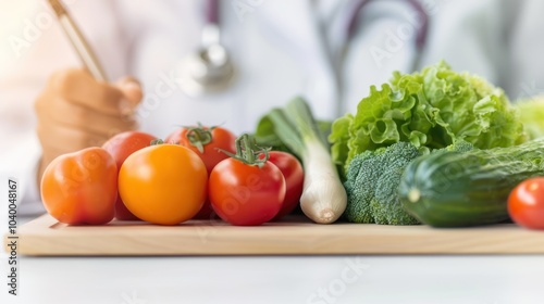 Obraz na płótnie A fresh assortment of vegetables on a cutting board, with a person in a white coat, suggesting a focus on healthy eating and nutrition. w salonie