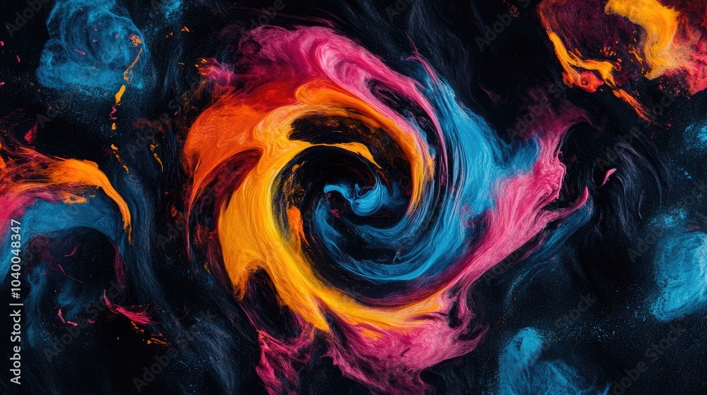 Bright neon swirl on a deep black background, mixing vivid colors in a hypnotic, fluid motion Bright neon swirl on a deep black background, mixing vivid colors in a hypnotic, fluid motion