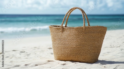 Woven Beach Bag on Sandy Shoreline