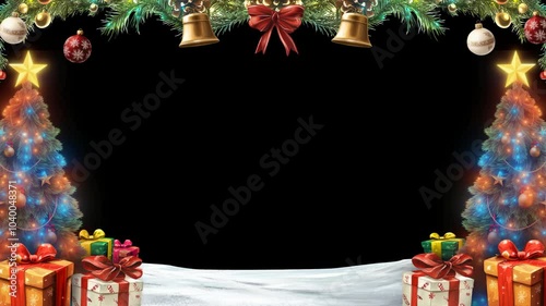 christmas frame with christmas tree, presents gift, bells, candy cane, leafs and light shinning, with transparent background easy to edit