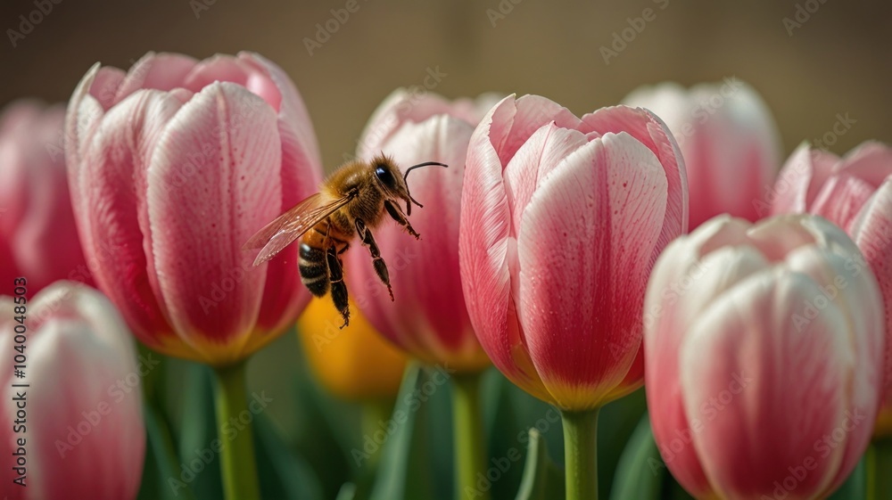 A honeybee in flight, approaching pink and white tulips. A honeybee in flight, approaching pink and white tulips.