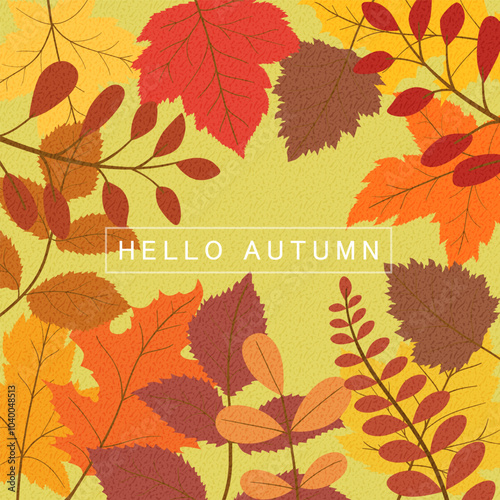 Hello autumn background, with abstract autumn leaves, templates for placards, banners, flyers, presentations, reports, sales, header, cover, social media, fashion ads, decor.