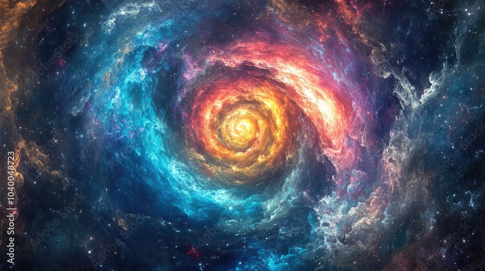 Glowing, colorful swirl of electric hues twisting against a dark, cosmic-looking background. Glowing, colorful swirl of electric hues twisting against a dark, cosmic-looking background.