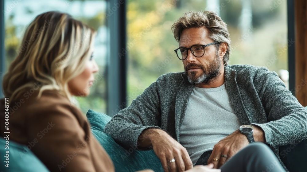 Two people engage in a casual conversation seated comfortably in a cozy room, one wearing glasses and a watch, with a blurred bright background outside the window. Two people engage in a casual conversation seated comfortably in a cozy room, one wearing glasses and a watch, with a blurred bright background outside the window.
