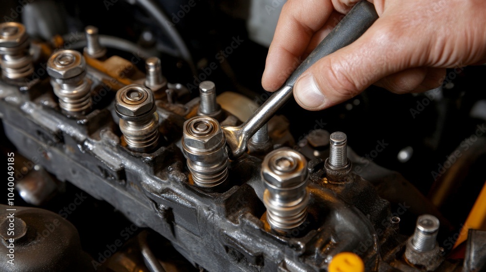 A Mechanic Tightening a Bolt on a Car Engine with a Wrench A Mechanic Tightening a Bolt on a Car Engine with a Wrench