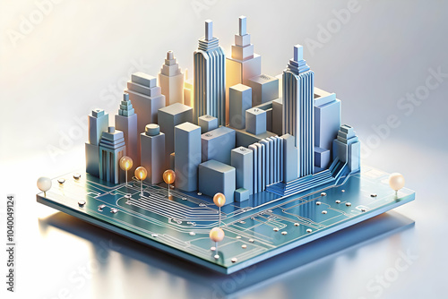 Abstract circuit board city skyline design soft lights bokeh technology smart cities photo stock concept ample copy space modern urban digital architecture #1040049124