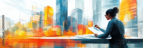 Urban Visionary, architect creating vibrant cityscape with striking glass skyscrapers, innovative design, bold colors, future-focused urban planning