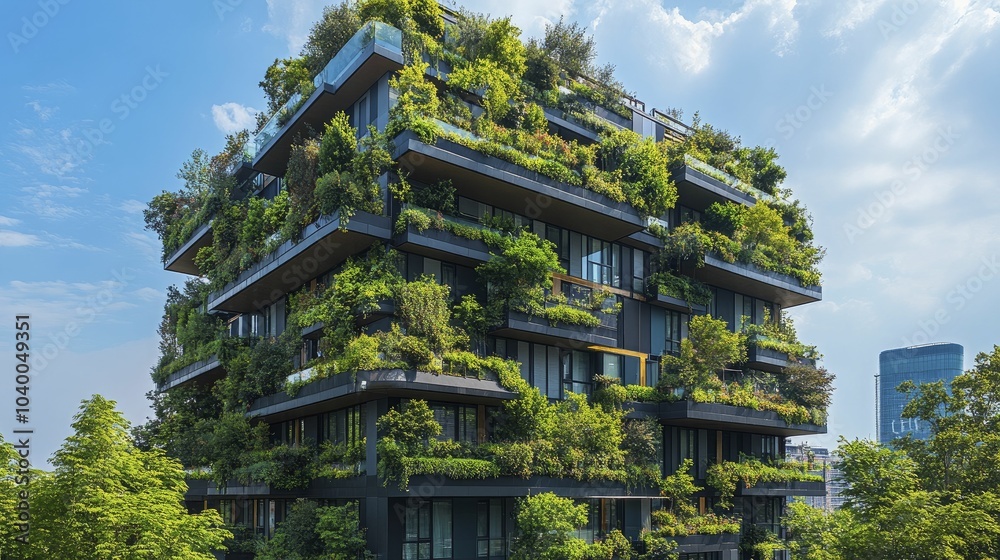 A city structure featuring vertical gardens and green terraces, eco-friendly systems, sustainable water solutions, and lush plant life. A city structure featuring vertical gardens and green terraces, eco-friendly systems, sustainable water solutions, and lush plant life.