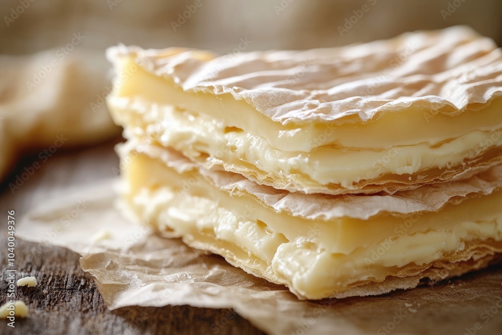 Close-up of Creamy Brie Cheese Slices on Parchment Paper Close-up of Creamy Brie Cheese Slices on Parchment Paper