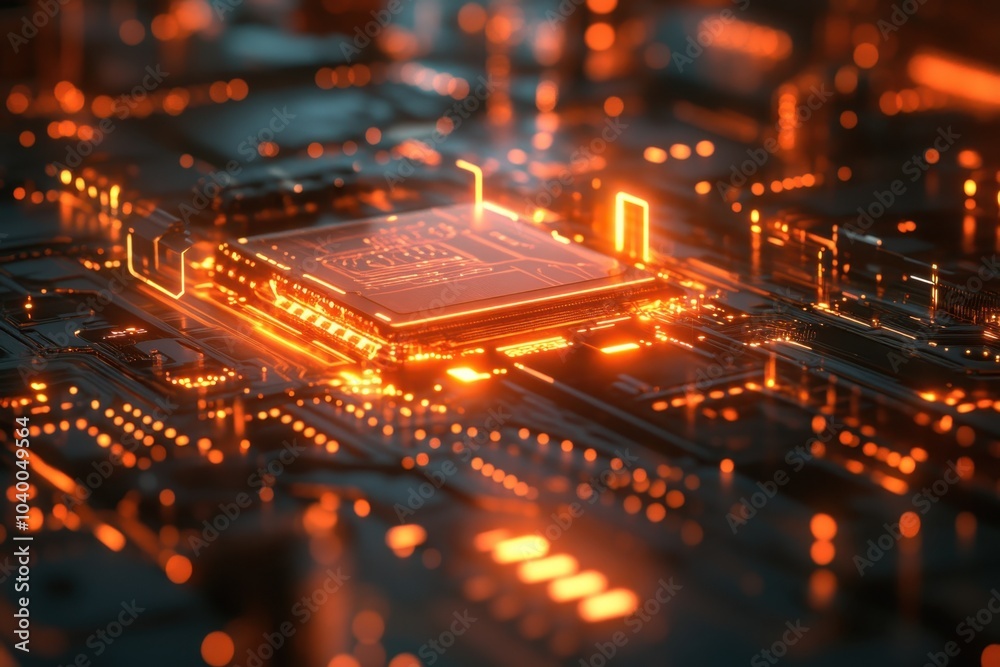 Obraz premium Night close-up of a glowing microprocessor on a circuit board showcasing advanced tech
