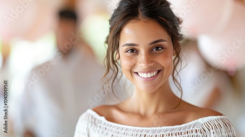 Free Download A joyful woman smiles warmly in a bright setting, exuding a sense of happiness and positivity with light decorations in the background. - GFXLoad