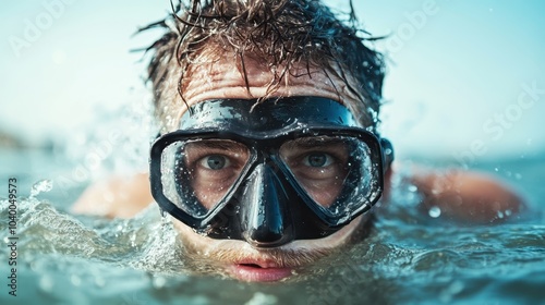 A swimmer wearing a diving mask surfaces through the water, capturing a moment of dynamic action and determination, with water droplets surrounding their intense expression. photo