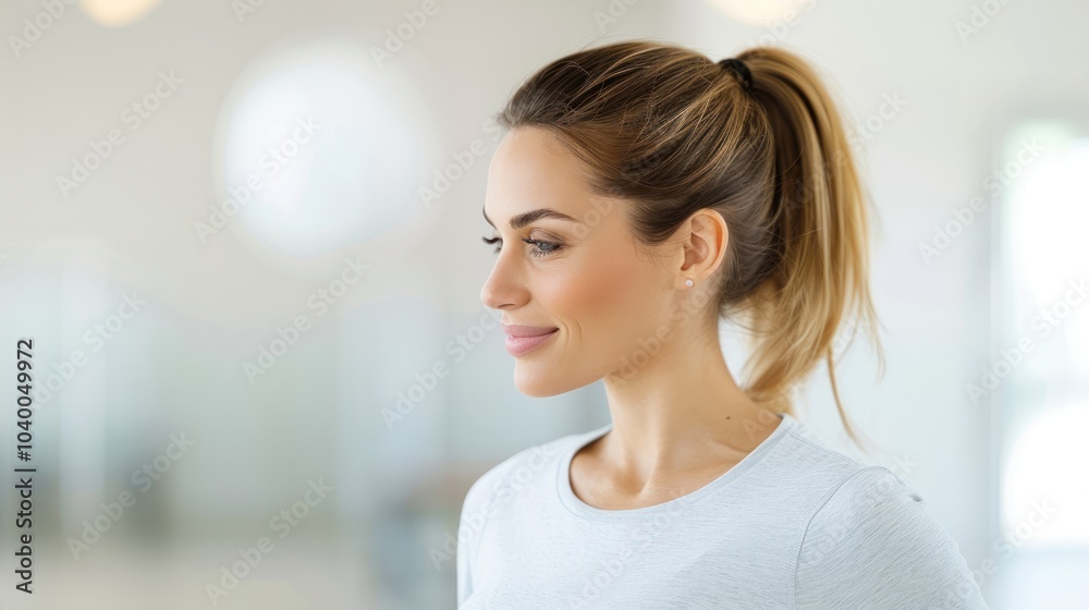 The image features a woman with a ponytail, gazing thoughtfully to the side, set in a softly lit, blurred background. The image features a woman with a ponytail, gazing thoughtfully to the side, set in a softly lit, blurred background.