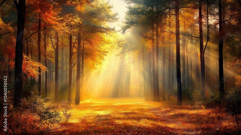 Serene Autumn Forest with Tall Trees and Gentle Light Serene Autumn Forest with Tall Trees and Gentle Light