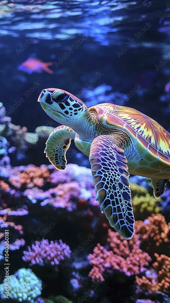 Obraz premium A sea turtle gliding gracefully beside a coral reef, showcasing vibrant colors and the importance of marine life conservation.