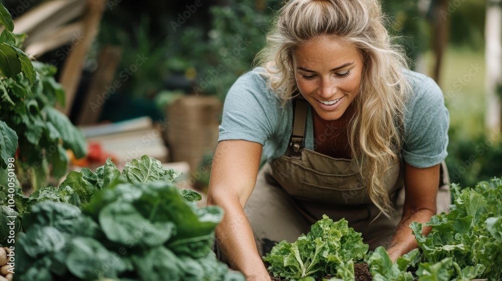 Obraz premium A woman joyfully kneels amid lush greenery, tending her garden with attention and care, capturing the essence of gardening as therapeutic and rewarding work.