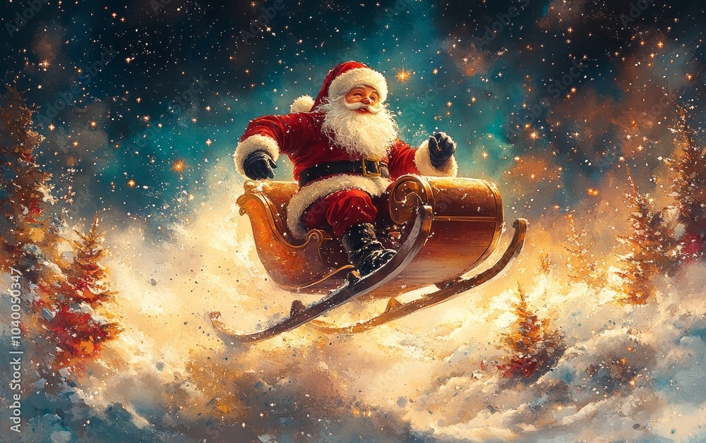 Santa Claus Flying in a Sleigh Through a Starry Sky Santa Claus Flying in a Sleigh Through a Starry Sky