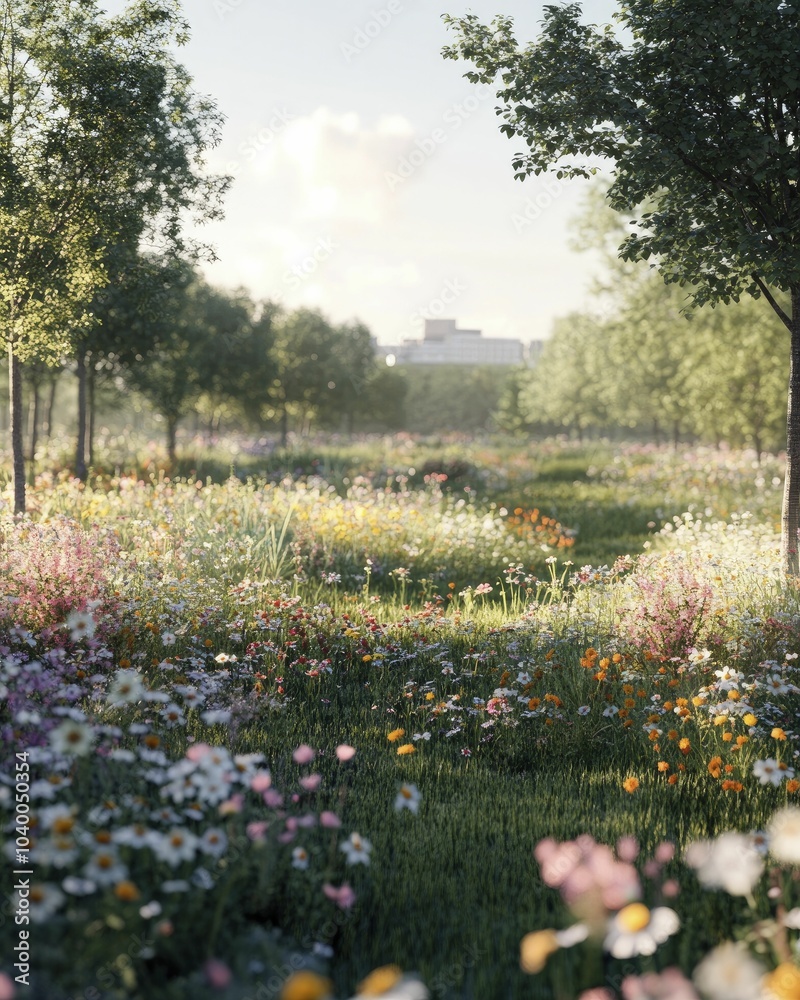 Obraz premium A small city park with wildflowers and native trees, urban rewilding, natural landscaping, soft morning light