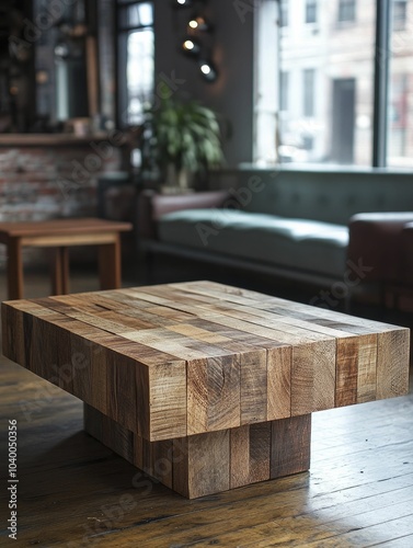 A sleek coffee table made from reclaimed wood, sustainable furniture design, natural textures, soft lighting