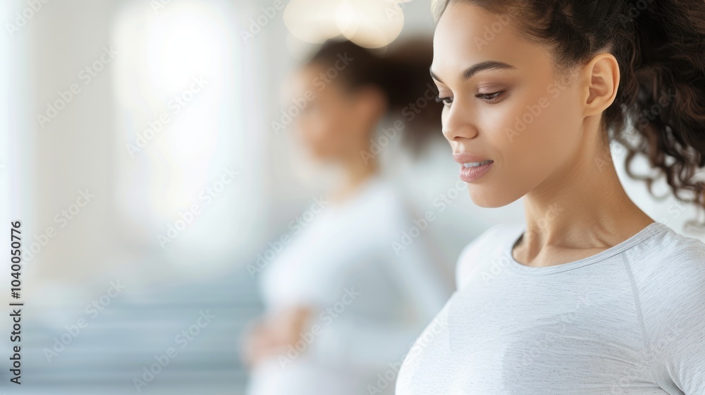 A thoughtful woman exercises mindfulness, focusing on her inner self, with another woman softly blurred in the background.