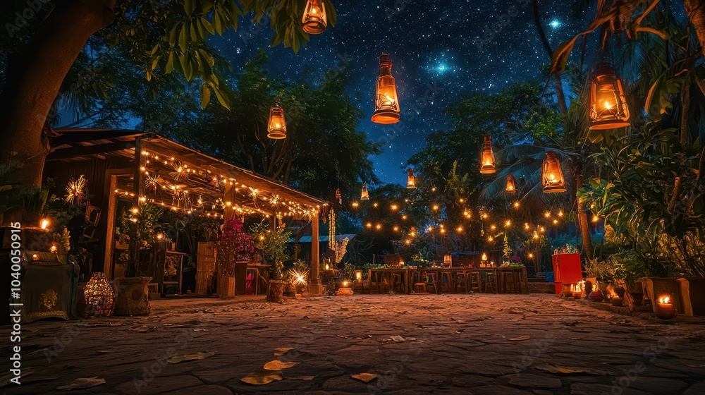 A vibrant eco-friendly Diwali celebration in a peaceful rural village, with organic decorations, reusable lamps, and natural colors, all set under a starlit sky. A vibrant eco-friendly Diwali celebration in a peaceful rural village, with organic decorations, reusable lamps, and natural colors, all set under a starlit sky.
