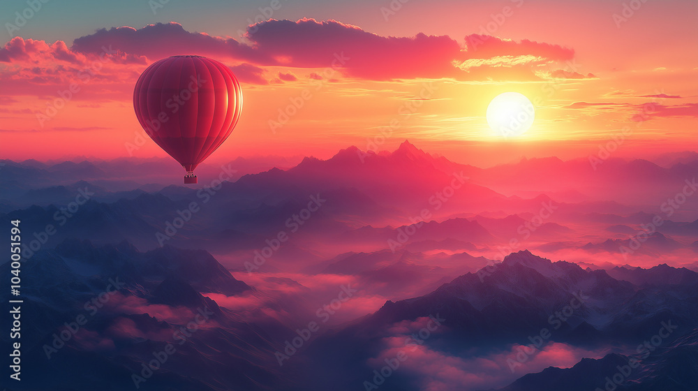 Fototapeta premium Hot Air balloons flying over Mountains landscape sunset vintage nature background.