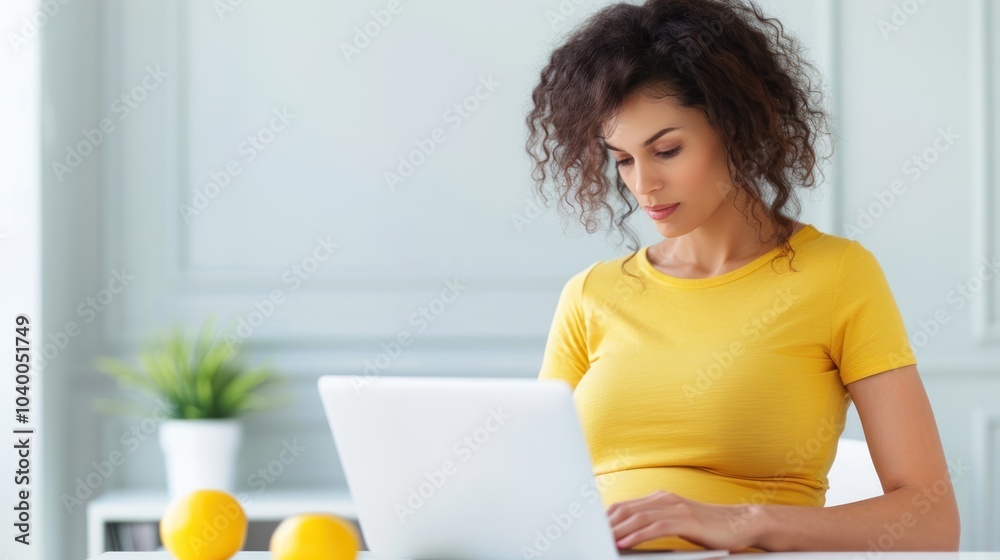 A woman in a yellow shirt working on a laptop in a bright, minimalist space with plants and lemons.