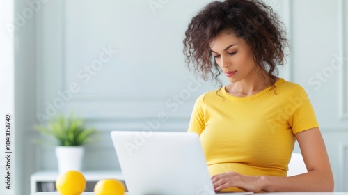 Obraz na płótnie A woman in a yellow shirt working on a laptop in a bright, minimalist space with plants and lemons. w salonie