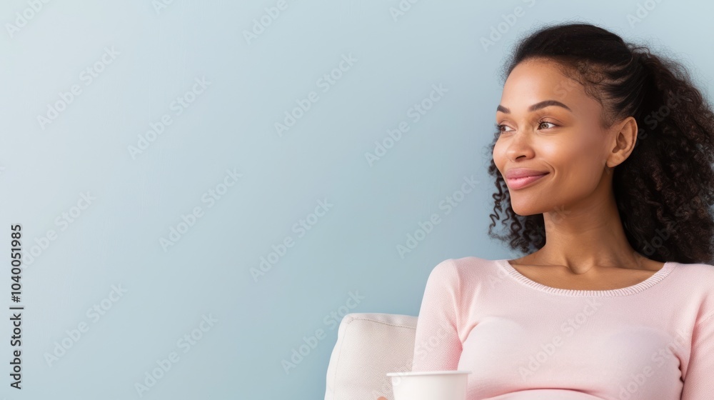 A serene woman enjoys a moment of reflection while holding a cup, seated against a light blue wall. A serene woman enjoys a moment of reflection while holding a cup, seated against a light blue wall.