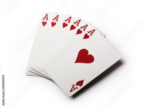 A set of playing cards displaying four aces of hearts, ideal for showcasing themes of luck, games, and strategy. photo